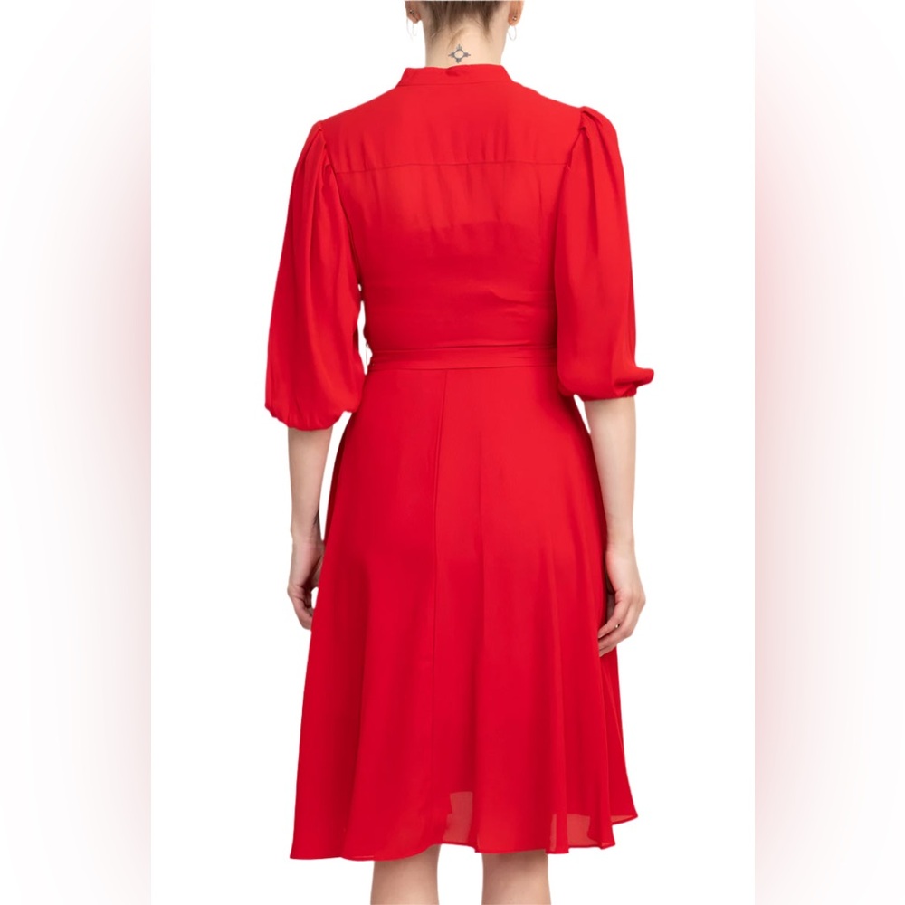 NWT Nanette Lepore Red Riding Hood Pleated Tie Waist A-Line Crepe Midi Dress - Picture 4 of 11
